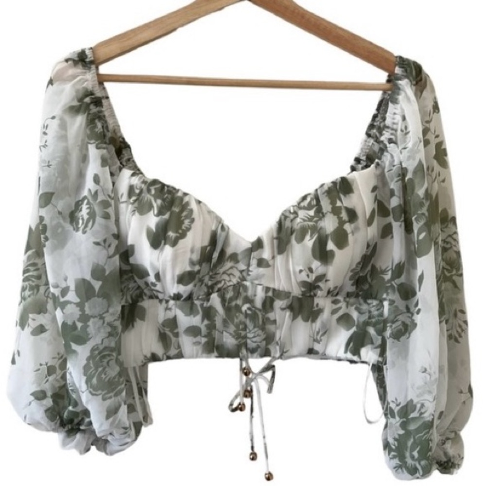 Hello Molly White and Olive Green Floral Puff Sleeve Crop Top